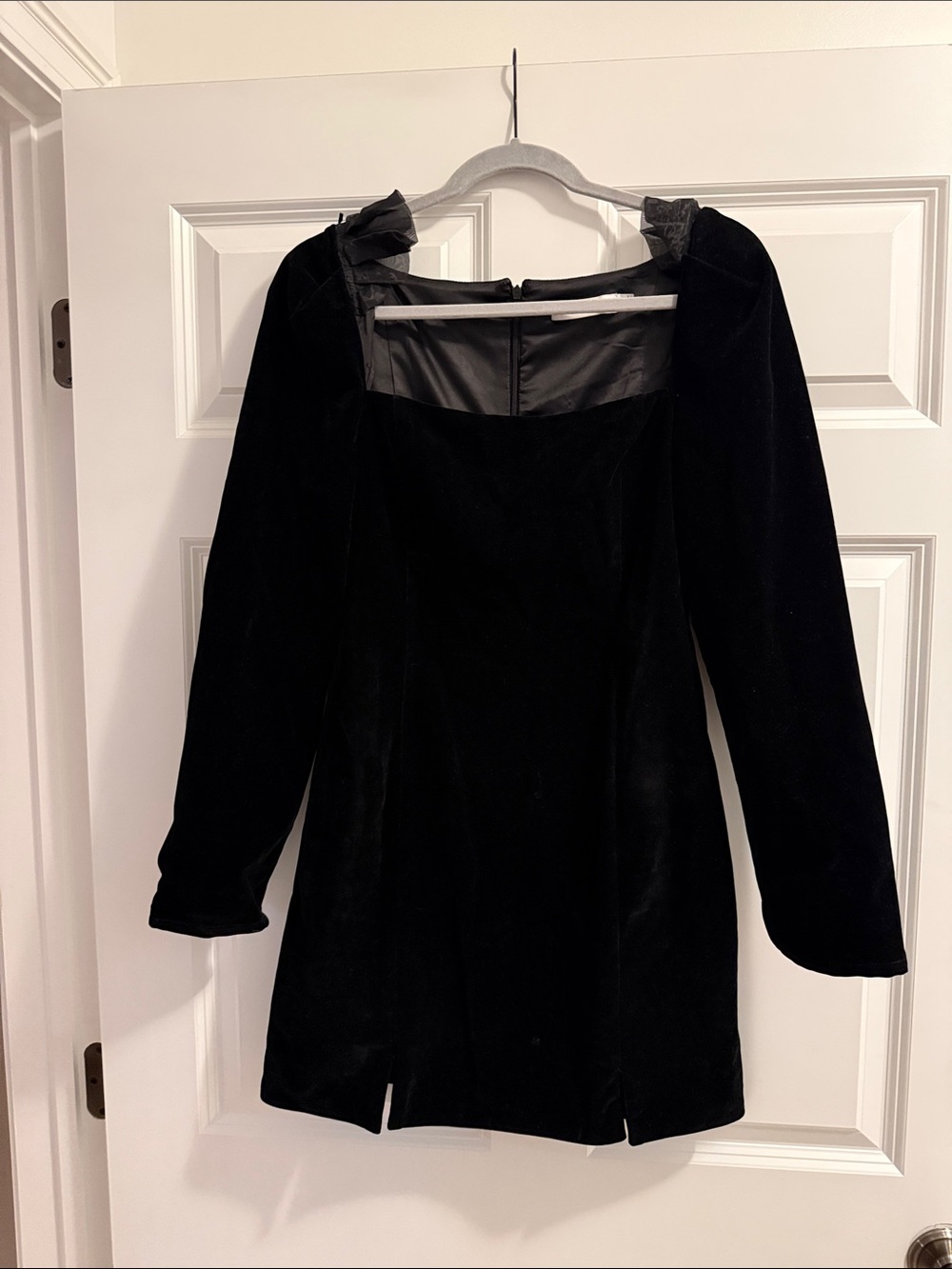 Black Velvet Long-Sleeve Mini Dress with Square Neck